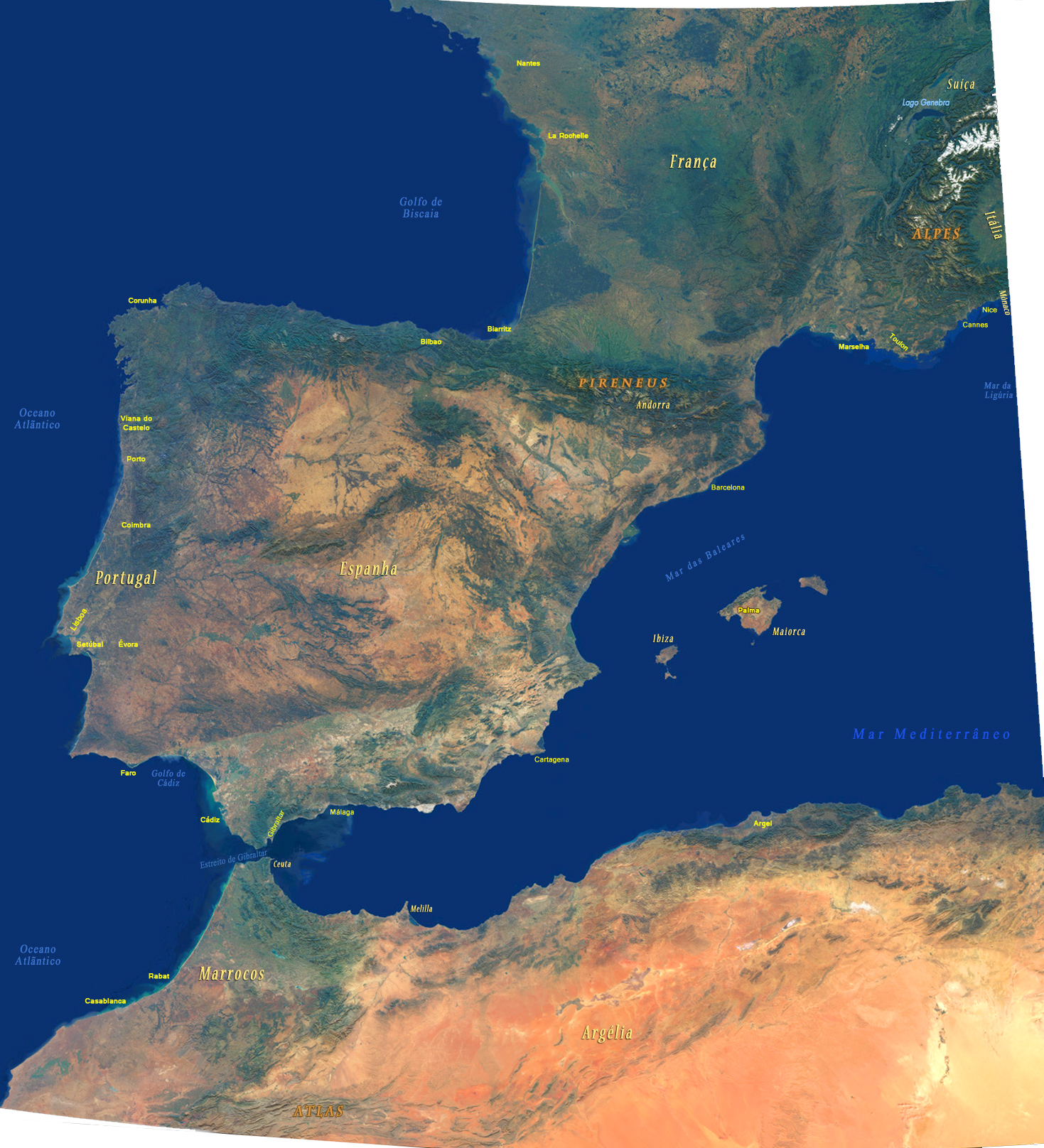 Península Ibérica. Mapa De Espanha E Vista Portugal a Partir Do